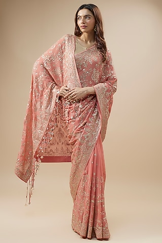 Coral Georgette Sequins Hand Embroidered Saree Set by Anushree Reddy