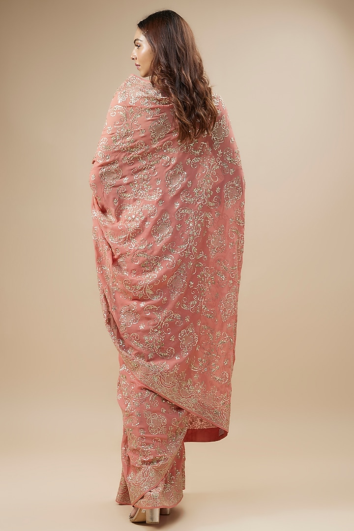 Coral Georgette Sequins Hand Embroidered Bridal Saree Set by Anushree Reddy at Pernia's Pop Up Shop