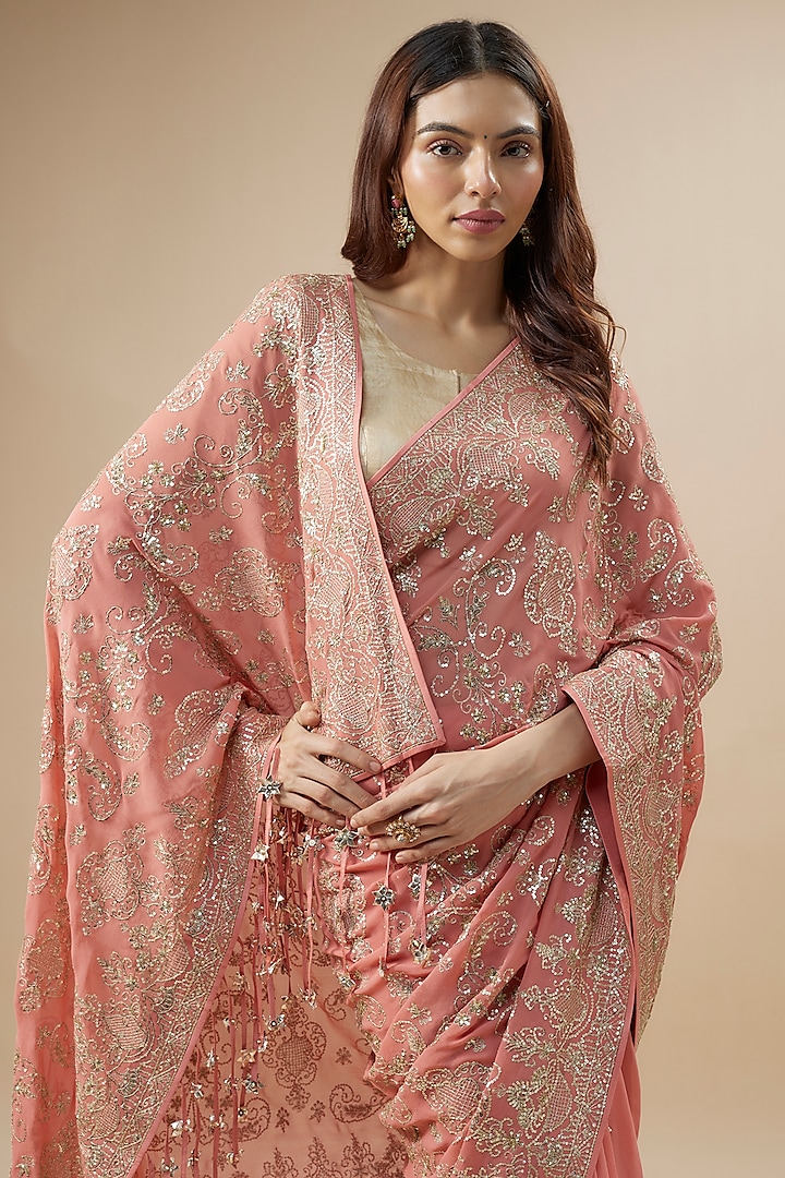 Coral Georgette Sequins Hand Embroidered Bridal Saree Set by Anushree Reddy at Pernia's Pop Up Shop