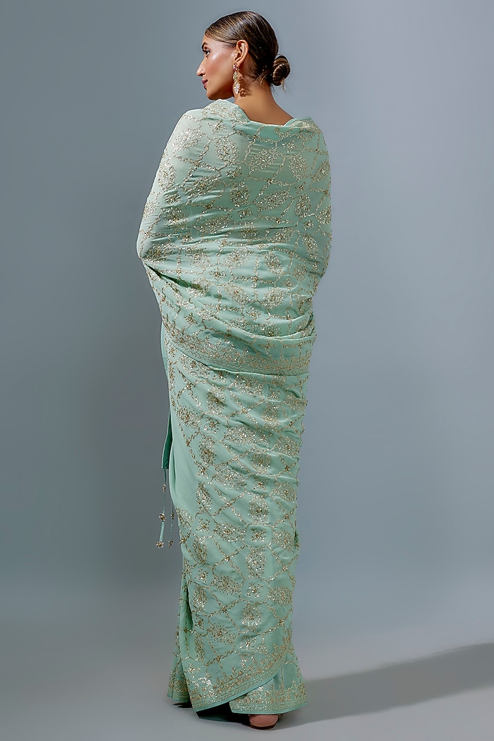Sea Blue Georgette Sequins Embroidered Bridal Saree Set by Anushree Reddy at Pernia's Pop Up Shop