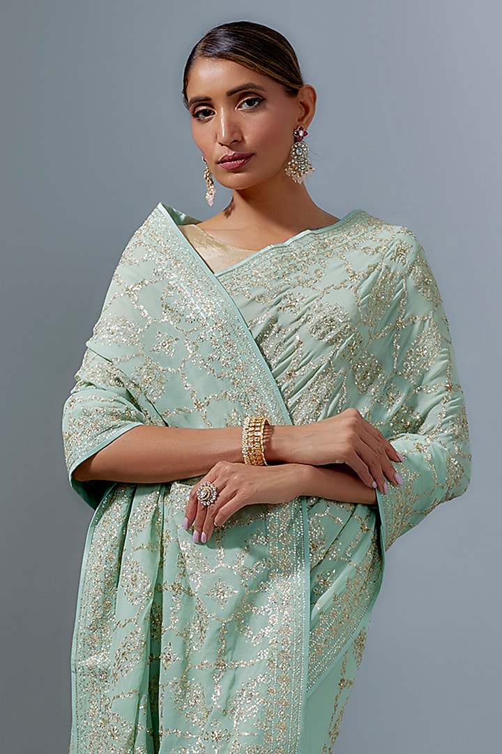 Sea Blue Georgette Sequins Embroidered Bridal Saree Set by Anushree Reddy at Pernia's Pop Up Shop