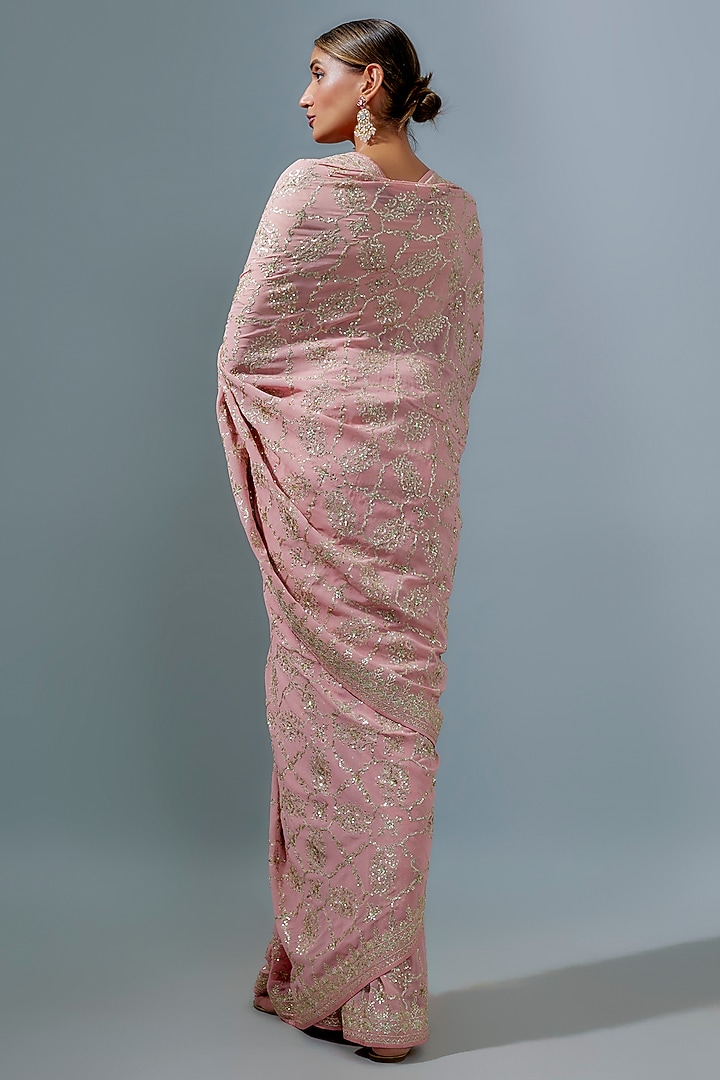 Pink Georgette Sequins Embroidered Bridal Saree Set by Anushree Reddy at Pernia's Pop Up Shop