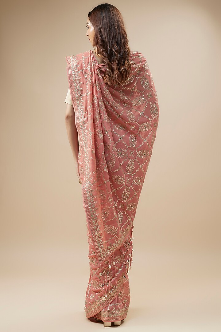 Coral Georgette Sequins Hand Embroidered Bridal Saree Set by Anushree Reddy at Pernia's Pop Up Shop