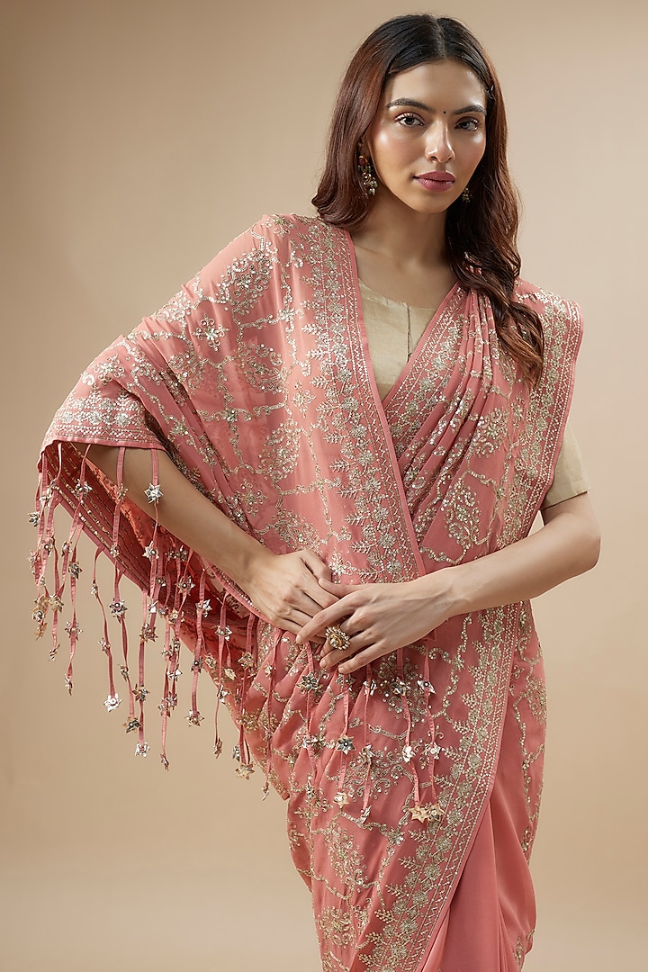 Coral Georgette Sequins Hand Embroidered Bridal Saree Set by Anushree Reddy at Pernia's Pop Up Shop