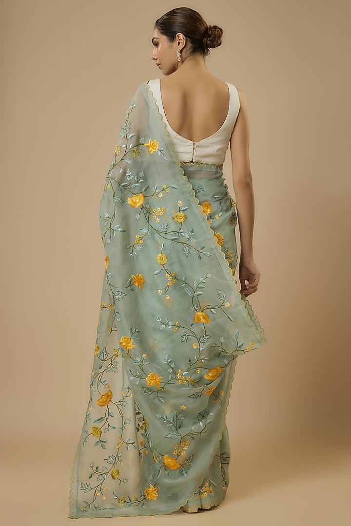 Sea Blue Organza Hand & Machine Embroidered Reception Saree Set by Anushree Reddy at Pernia's Pop Up Shop