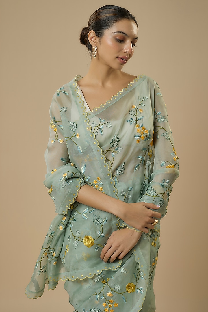 Sea Blue Organza Hand & Machine Embroidered Reception Saree Set by Anushree Reddy at Pernia's Pop Up Shop
