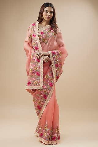 Coral Organza Thread Hand & Machine Embroidered Saree Set by Anushree Reddy