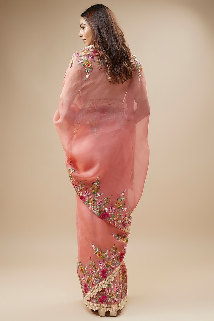 Coral Organza Thread Hand & Machine Embroidered Bridal Saree Set by Anushree Reddy at Pernia's Pop Up Shop
