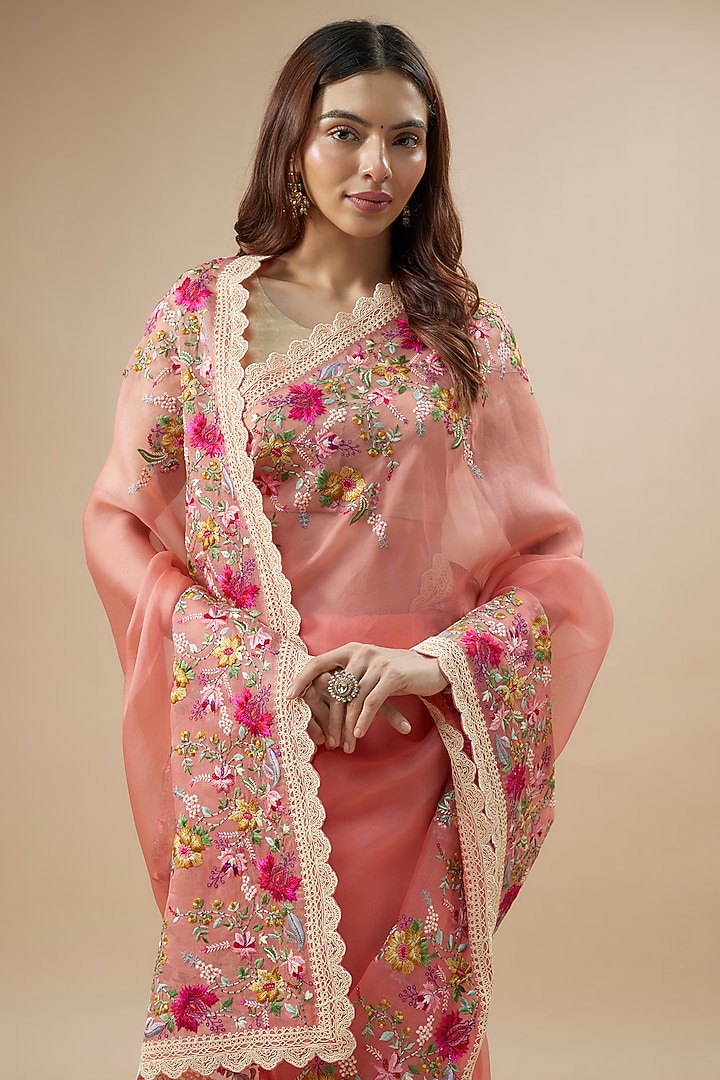 Coral Organza Thread Hand & Machine Embroidered Bridal Saree Set by Anushree Reddy at Pernia's Pop Up Shop