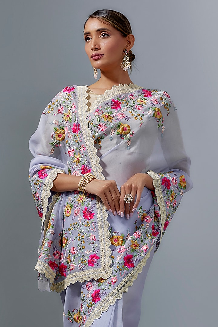 Powder Blue Organza Dori Embroidered Bridal Saree Set by Anushree Reddy at Pernia's Pop Up Shop