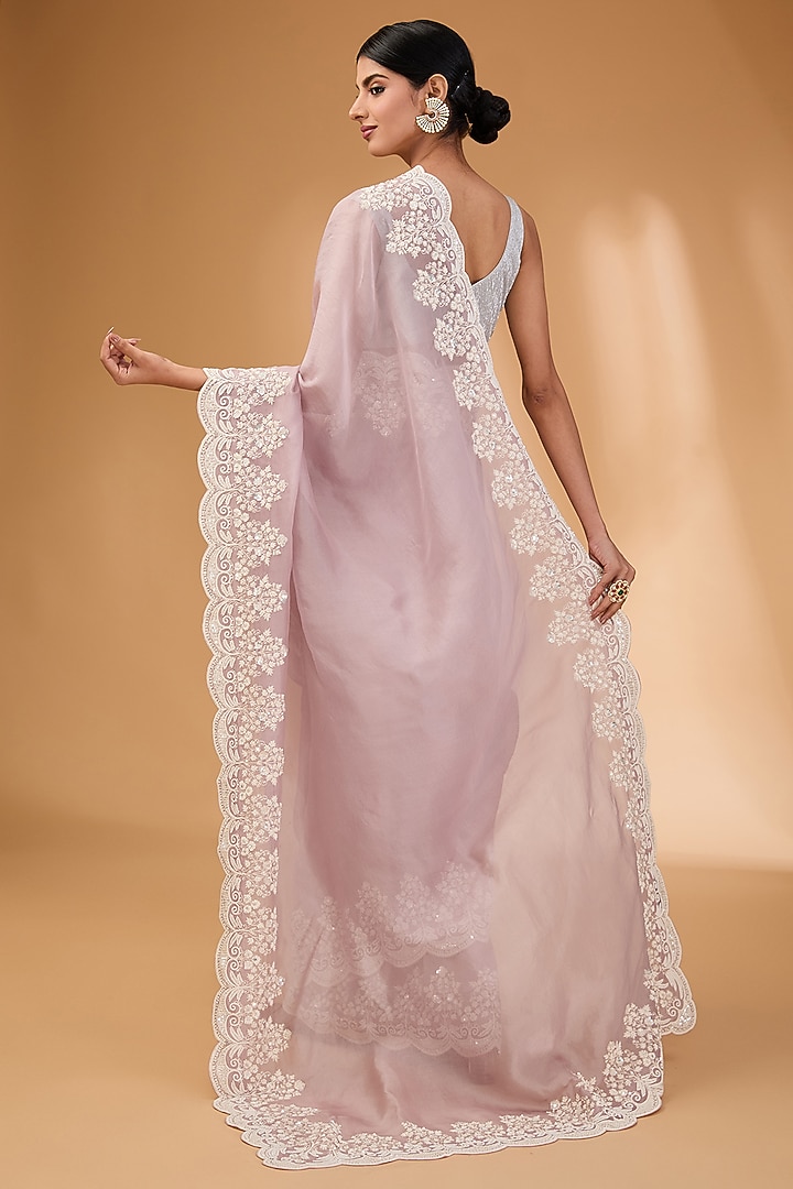 Pink Organza Pearl Hand Embroidered Bridal Saree Set by Anushree Reddy at Pernia's Pop Up Shop