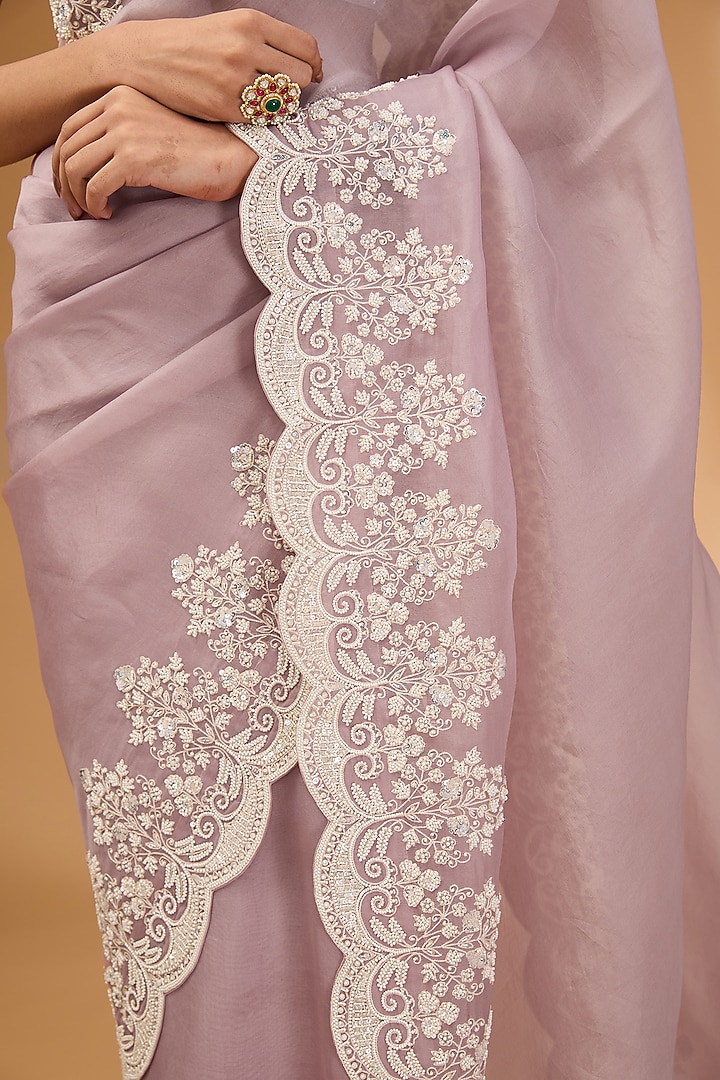 Pink Organza Pearl Hand Embroidered Bridal Saree Set by Anushree Reddy at Pernia's Pop Up Shop
