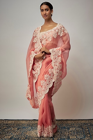 Coral Organza Hand Embroidered Saree Set by Anushree Reddy