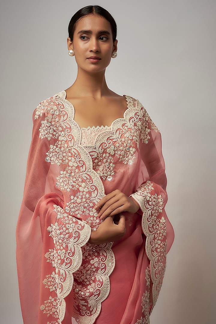Coral Organza Hand Embroidered Bridal Saree Set by Anushree Reddy at Pernia's Pop Up Shop