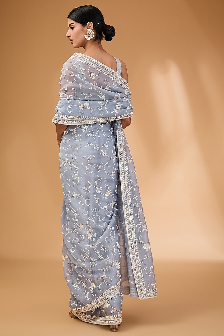 Powder Blue Organza Pearl Hand Embroidered Bridal Saree Set by Anushree Reddy at Pernia's Pop Up Shop