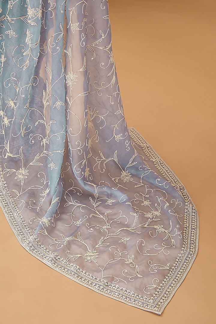 Powder Blue Organza Pearl Hand Embroidered Bridal Saree Set by Anushree Reddy at Pernia's Pop Up Shop