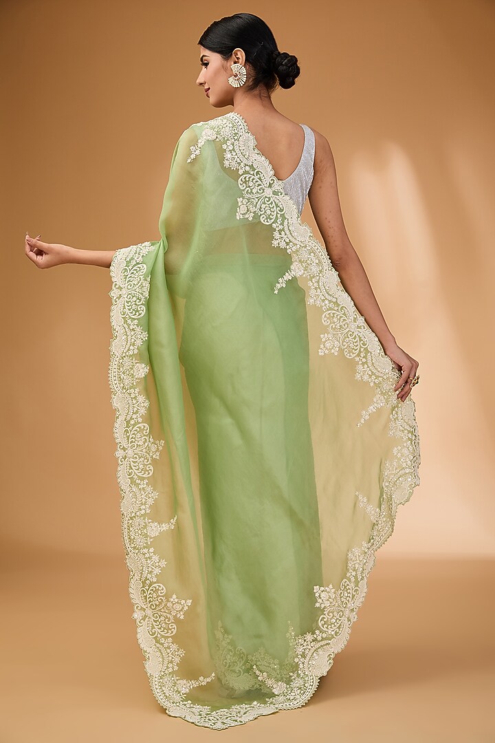 Sea Green Organza Pearl Hand Embroidered Bridal Saree Set by Anushree Reddy at Pernia's Pop Up Shop