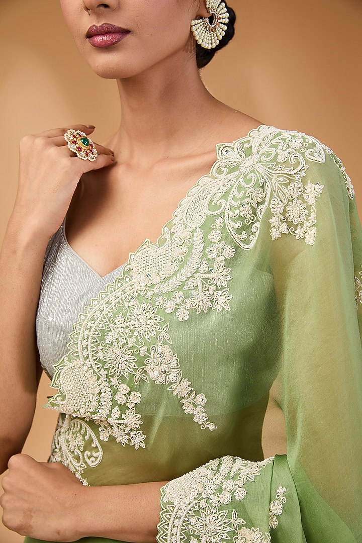 Sea Green Organza Pearl Hand Embroidered Bridal Saree Set by Anushree Reddy at Pernia's Pop Up Shop