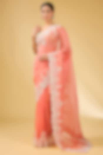 Coral Organza Hand Embroidered Saree Set by Anushree Reddy at Pernia's Pop Up Shop