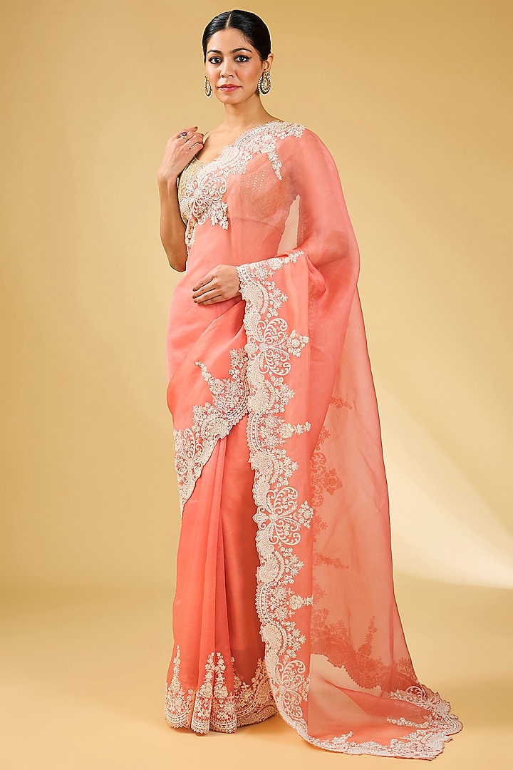 Coral Organza Hand Embroidered Saree Set by Anushree Reddy at Pernia's Pop Up Shop