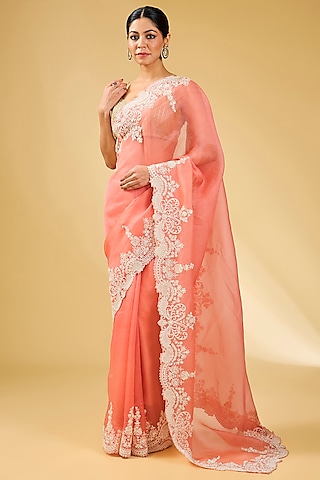 Coral Organza Hand Embroidered Saree Set by Anushree Reddy
