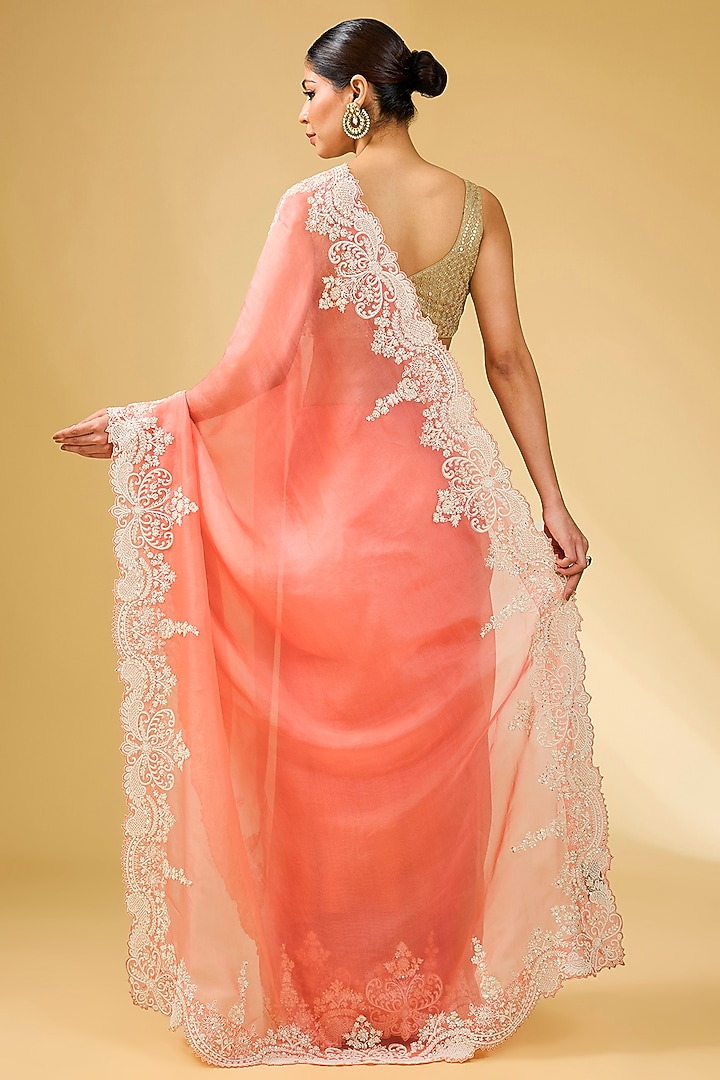 Coral Organza Hand Embroidered Bridal Saree Set by Anushree Reddy at Pernia's Pop Up Shop
