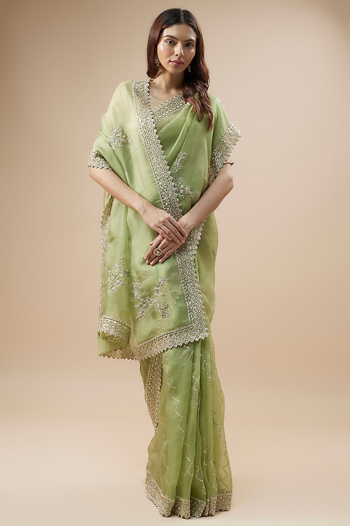 Green Organza Hand Embroidered Bridal Saree Set by Anushree Reddy at Pernia's Pop Up Shop