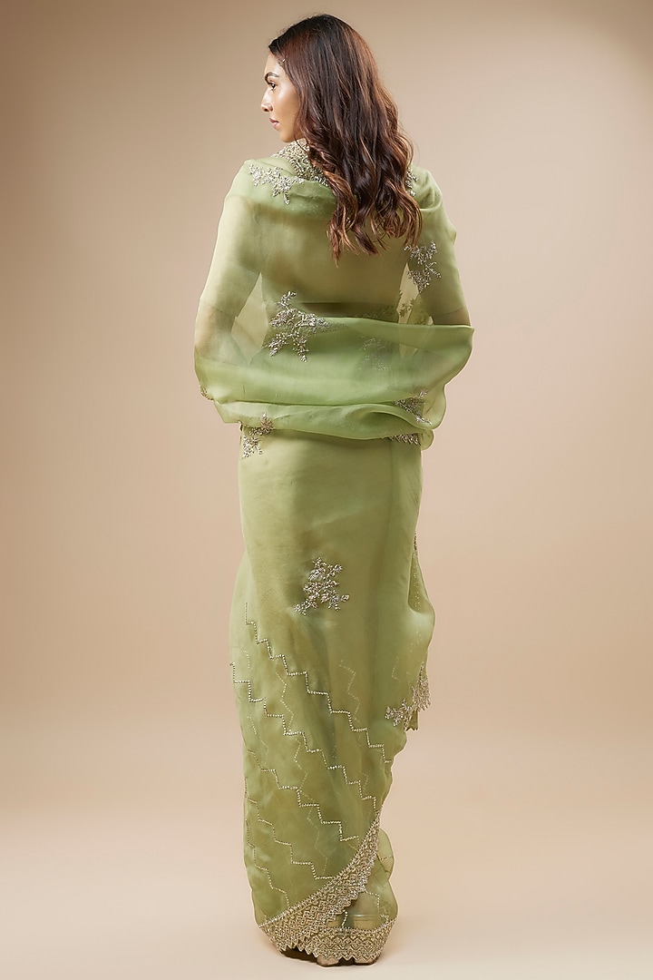 Green Organza Hand Embroidered Bridal Saree Set by Anushree Reddy at Pernia's Pop Up Shop