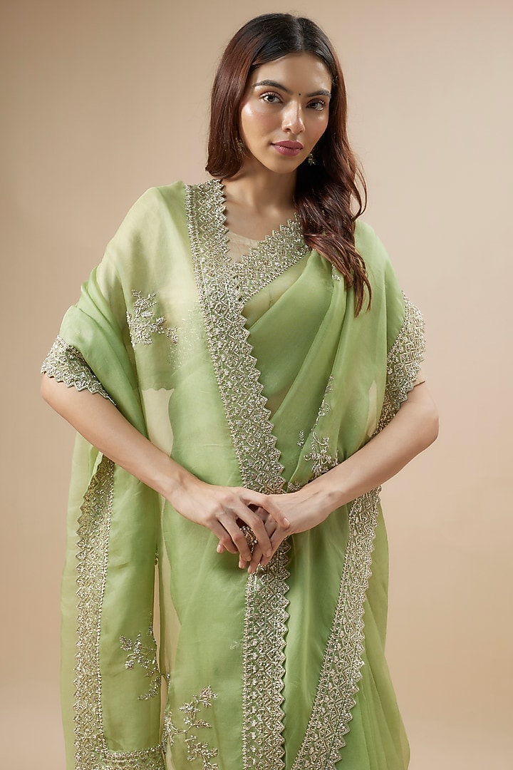 Green Organza Hand Embroidered Bridal Saree Set by Anushree Reddy at Pernia's Pop Up Shop