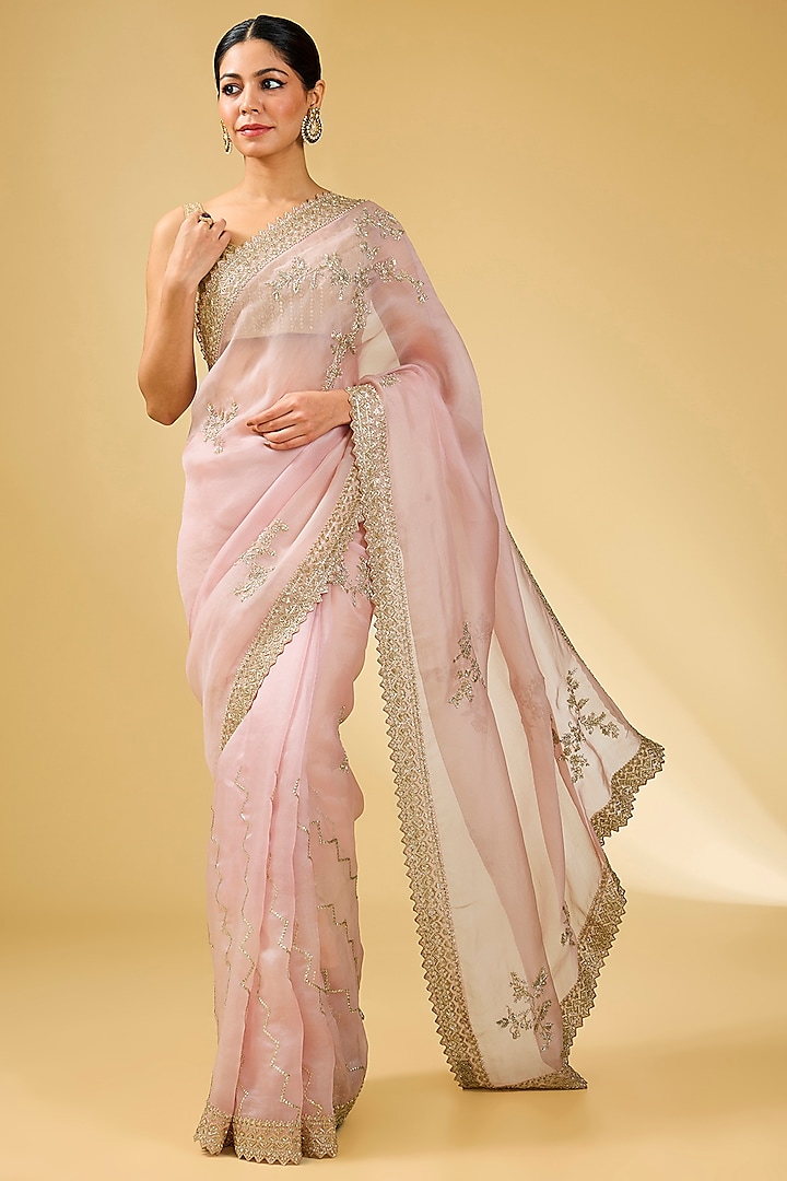 Dusty Pink Organza Hand Embroidered Saree Set by Anushree Reddy at Pernia's Pop Up Shop