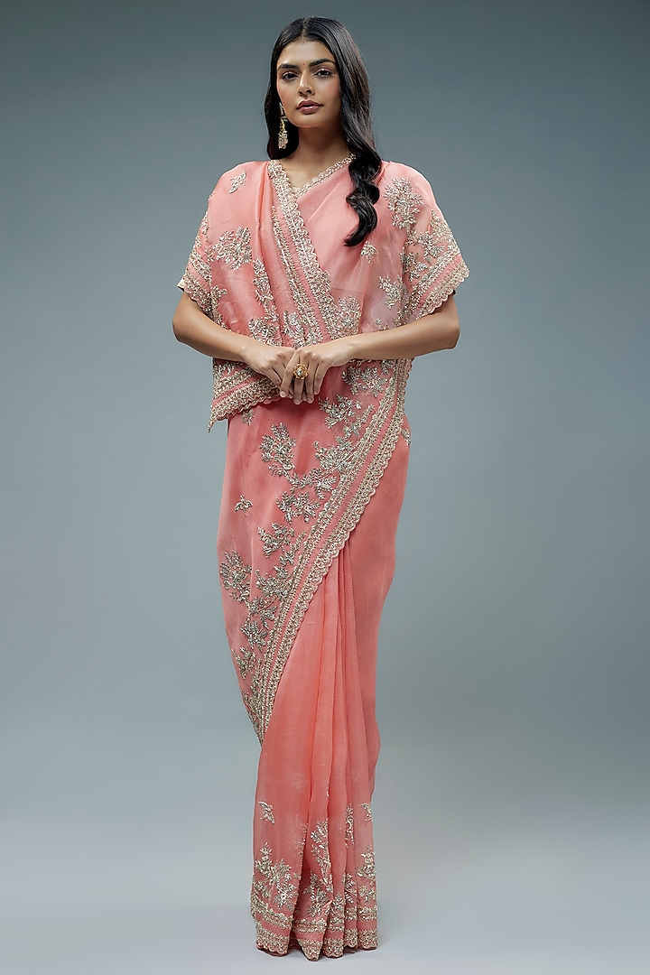 Coral Organza Hand Embroidered Saree Set by Anushree Reddy at Pernia's Pop Up Shop