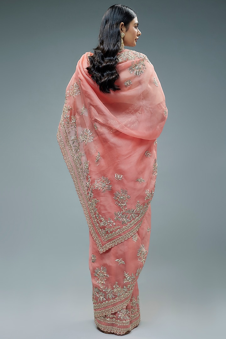 Coral Organza Hand Embroidered Bridal Saree Set by Anushree Reddy at Pernia's Pop Up Shop