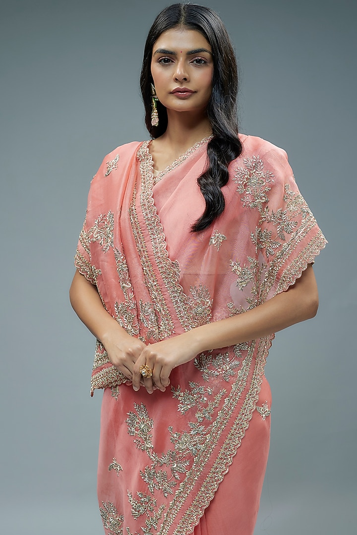 Coral Organza Hand Embroidered Bridal Saree Set by Anushree Reddy at Pernia's Pop Up Shop