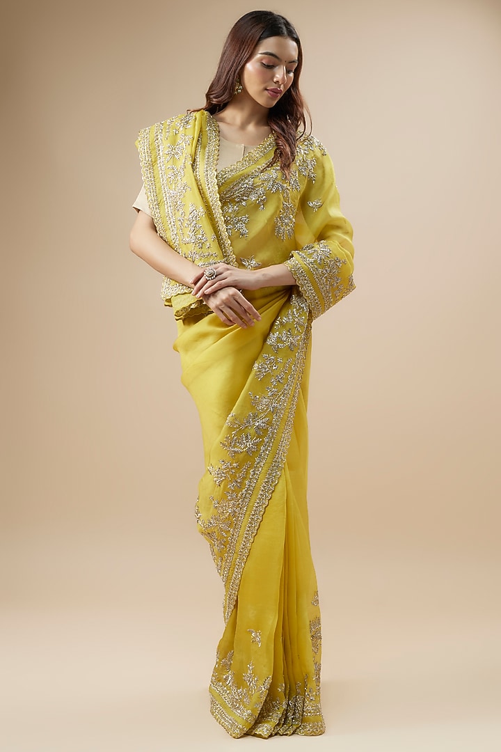 Yellow Organza Zardosi Hand Embroidered Bridal Saree Set by Anushree Reddy at Pernia's Pop Up Shop