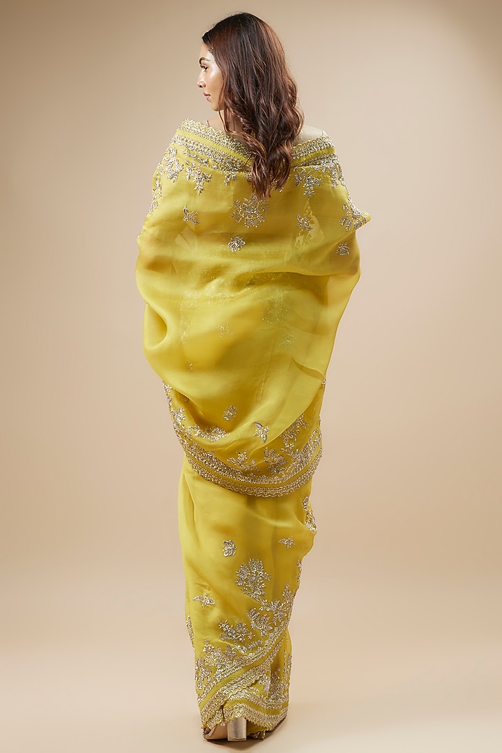 Yellow Organza Zardosi Hand Embroidered Bridal Saree Set by Anushree Reddy at Pernia's Pop Up Shop