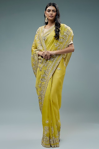 Greenish-Yellow Organza Floral Hand Embroidered Saree Set by Anushree Reddy
