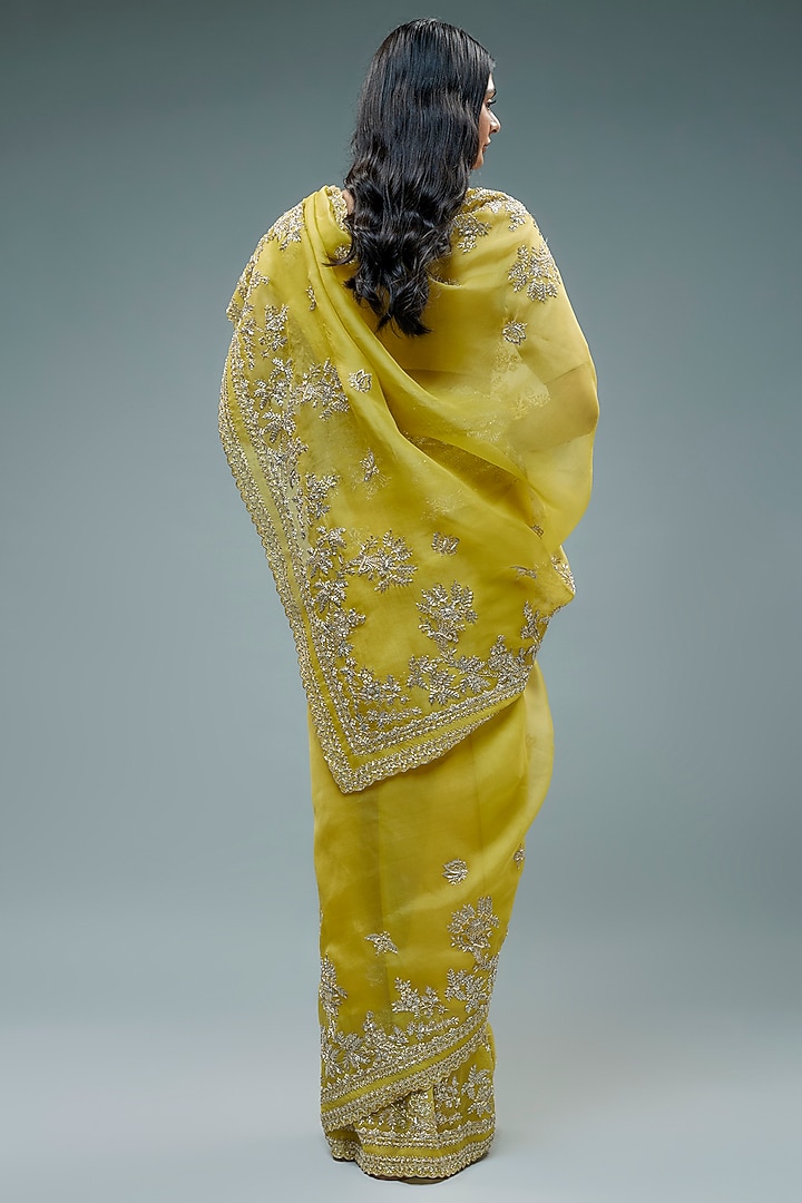 Greenish-Yellow Organza Floral Hand Embroidered Bridal Saree Set by Anushree Reddy at Pernia's Pop Up Shop