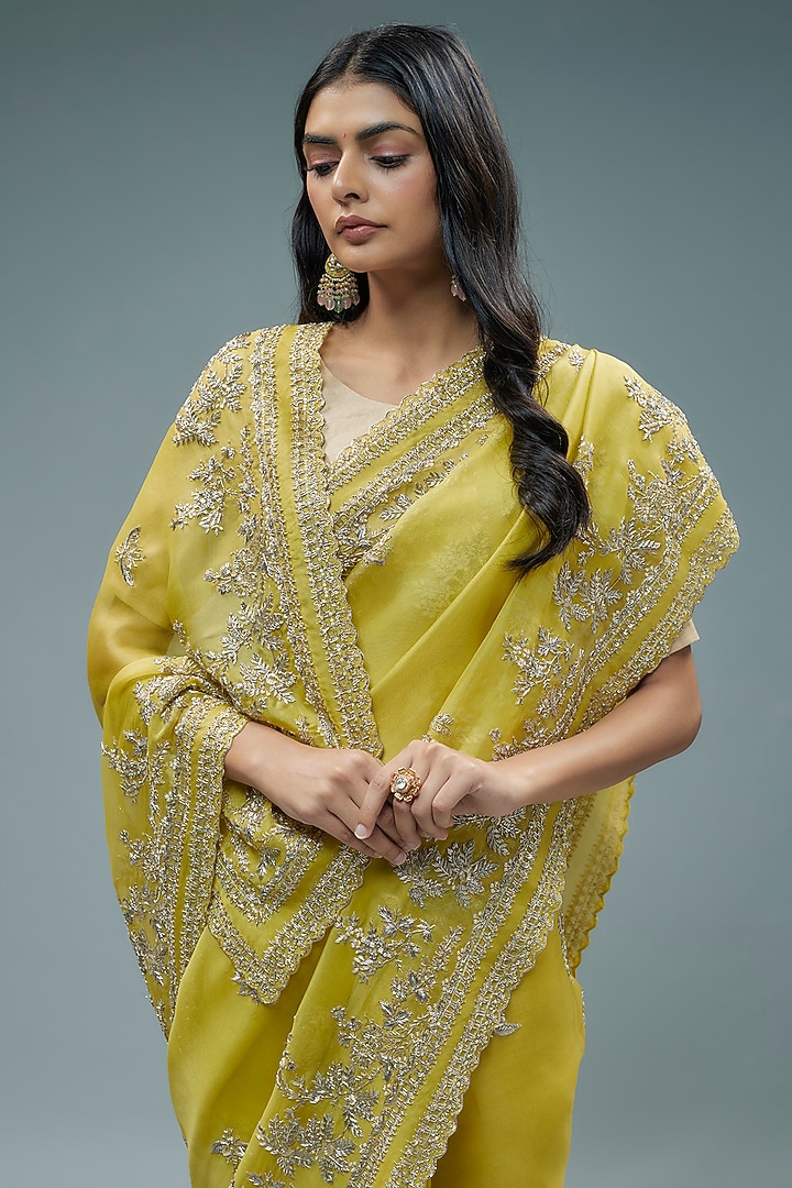 Greenish-Yellow Organza Floral Hand Embroidered Bridal Saree Set by Anushree Reddy at Pernia's Pop Up Shop