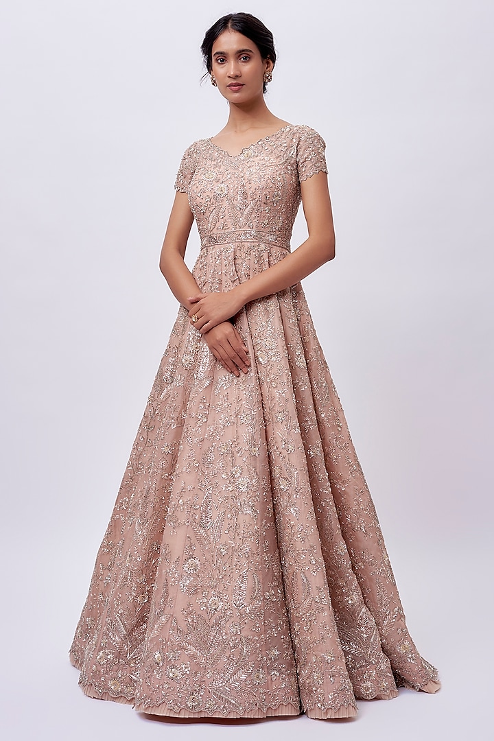 Peach Organza Hand Embroidered Bridal Gown by Anushree Reddy at Pernia's Pop Up Shop