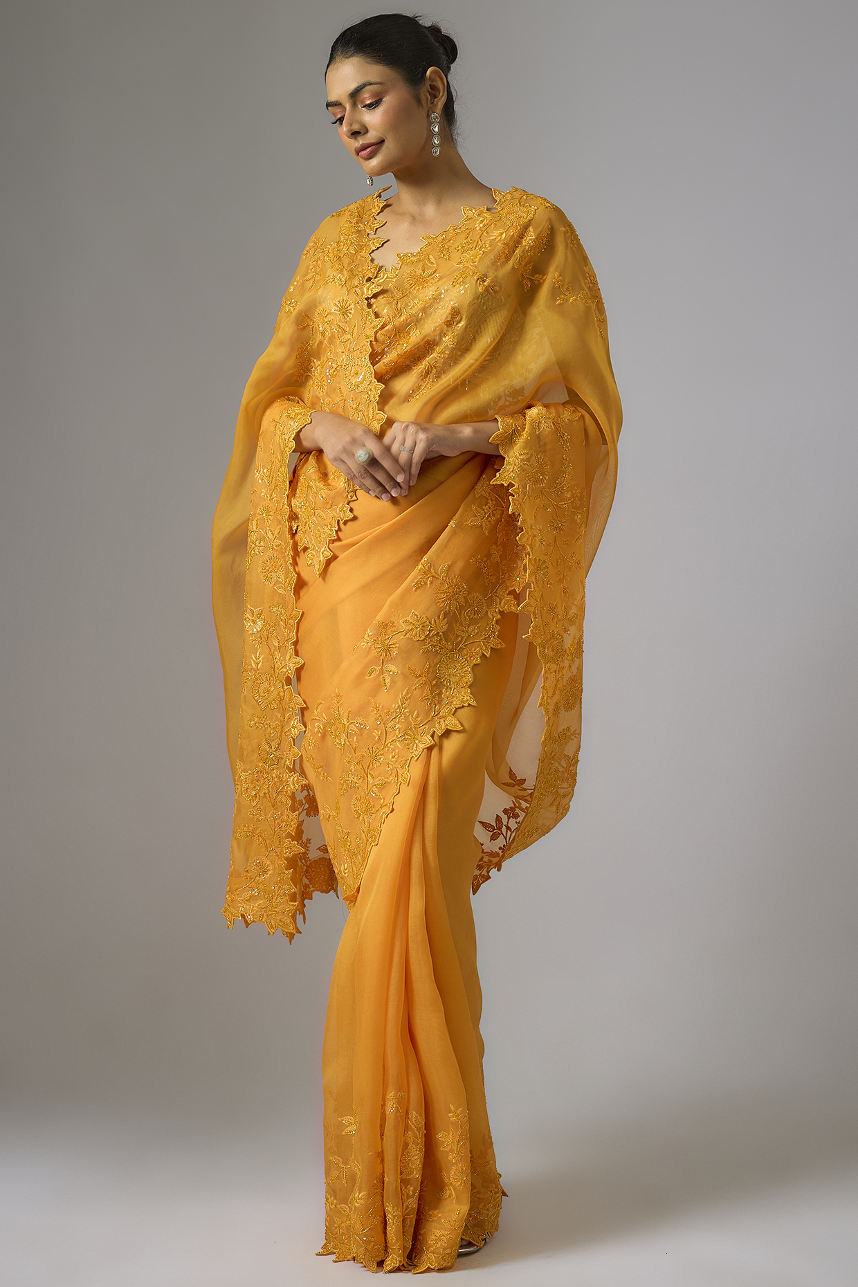 Orange Organza Hand Embroidered Reception Saree Set by Anushree Reddy at Pernia's Pop Up Shop