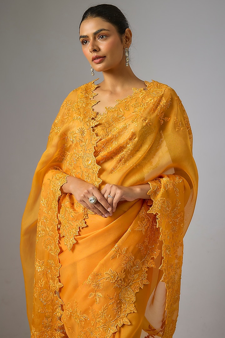 Orange Organza Hand Embroidered Reception Saree Set by Anushree Reddy at Pernia's Pop Up Shop