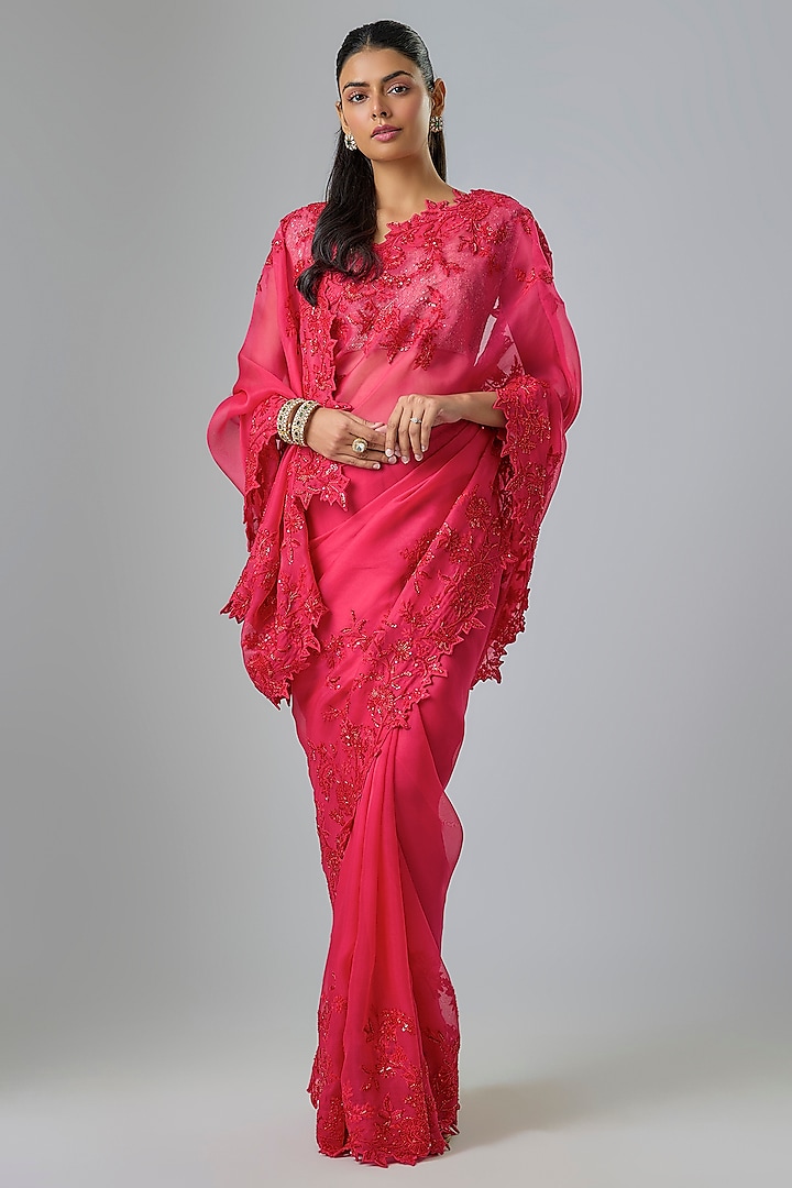 Red Organza Hand Embroidered Reception Saree Set by Anushree Reddy at Pernia's Pop Up Shop