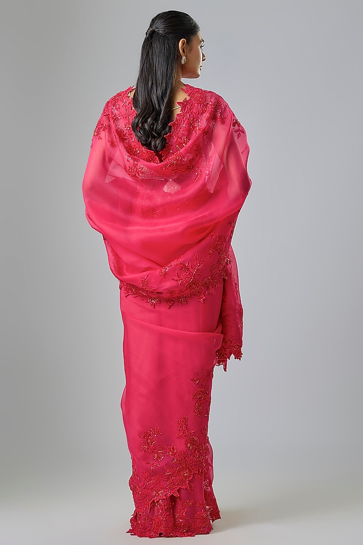 Red Organza Hand Embroidered Reception Saree Set by Anushree Reddy at Pernia's Pop Up Shop
