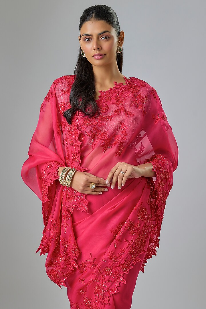 Red Organza Hand Embroidered Reception Saree Set by Anushree Reddy at Pernia's Pop Up Shop
