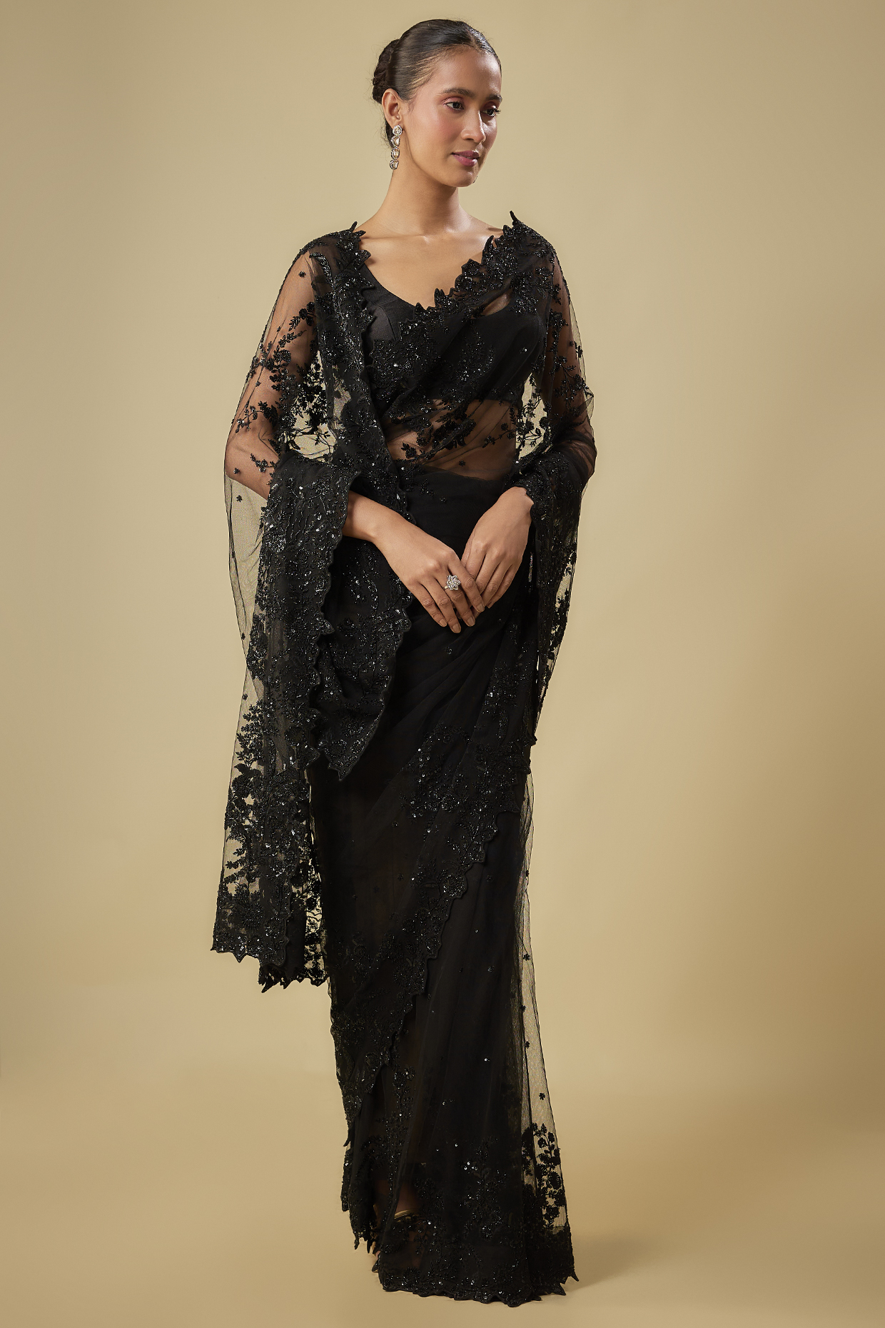 Black Net Cutdana Poth Hand Embroidered Bridal Saree Set by Anushree Reddy at Pernia's Pop Up Shop