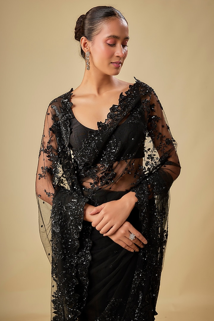 Black Net Cutdana Poth Hand Embroidered Bridal Saree Set by Anushree Reddy at Pernia's Pop Up Shop