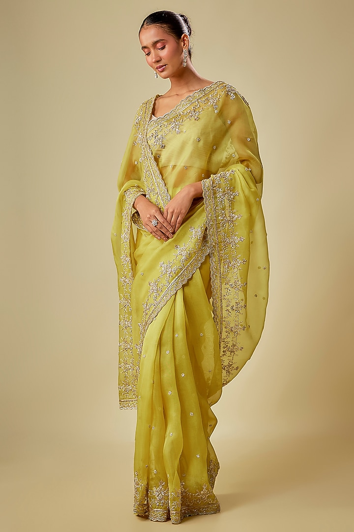 Yellow Organza Hand Embroidered Reception Saree Set by Anushree Reddy at Pernia's Pop Up Shop