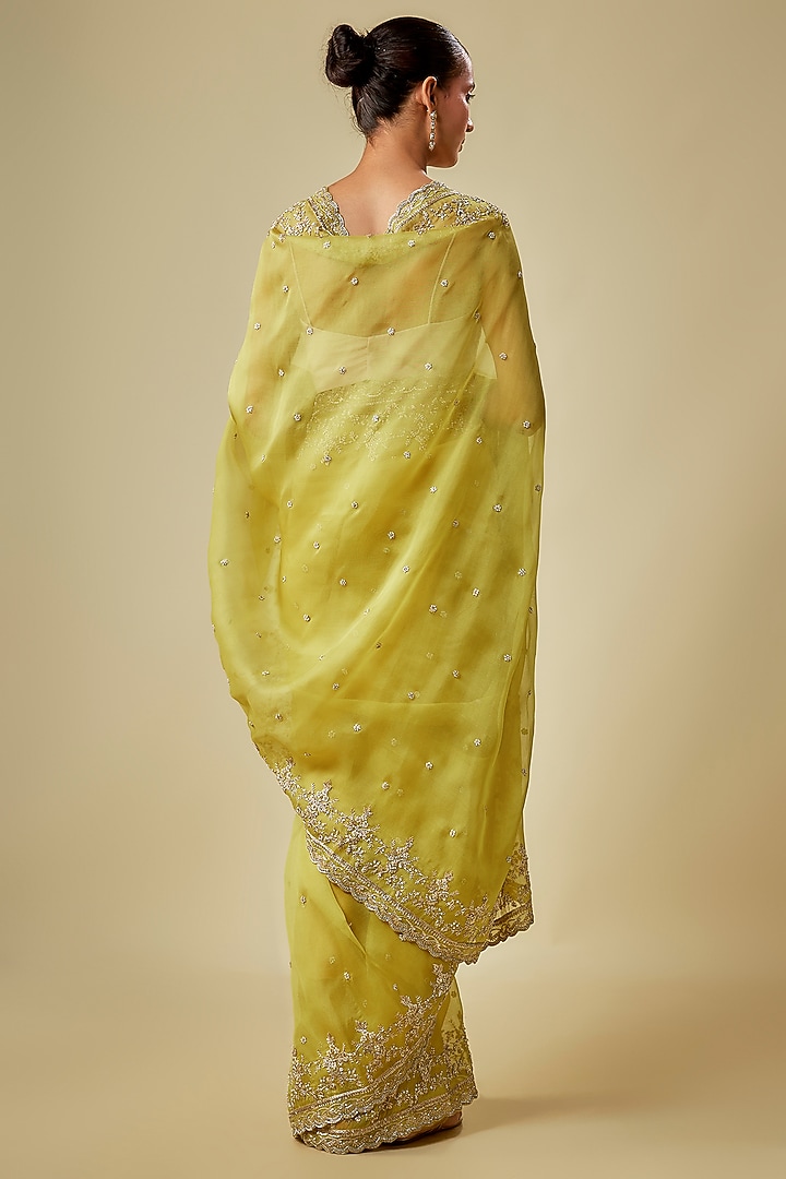 Yellow Organza Hand Embroidered Reception Saree Set by Anushree Reddy at Pernia's Pop Up Shop