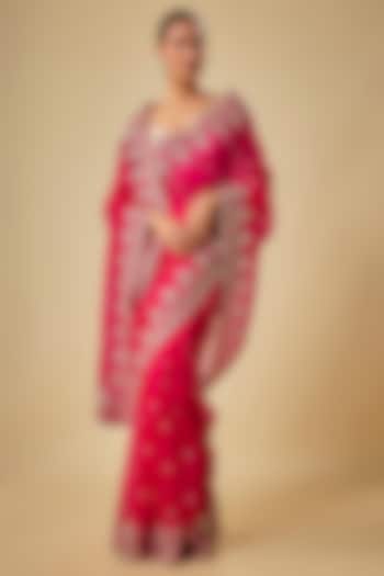 Hot Pink Organza Hand Embroidered Reception Saree Set by Anushree Reddy at Pernia's Pop Up Shop