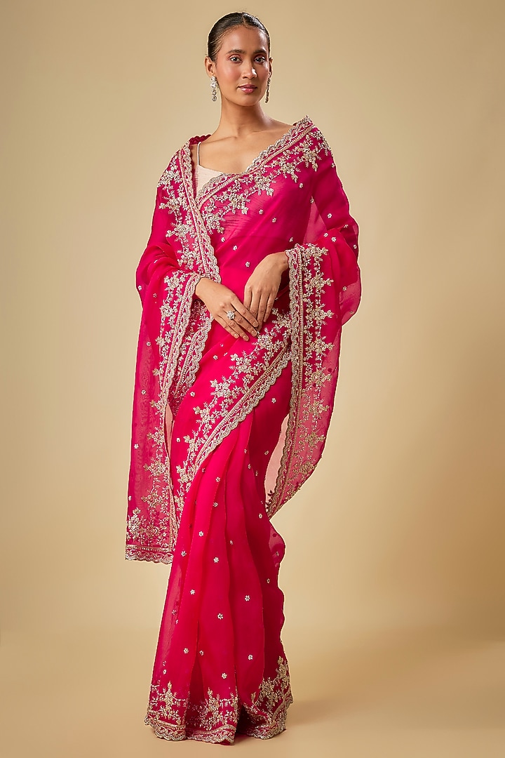 Hot Pink Organza Hand Embroidered Reception Saree Set by Anushree Reddy at Pernia's Pop Up Shop